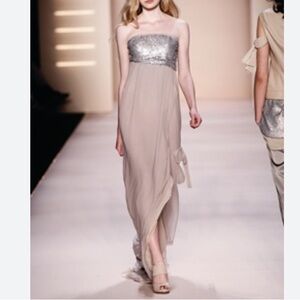 Elegant Strapless Silver and Cream Evening Dress